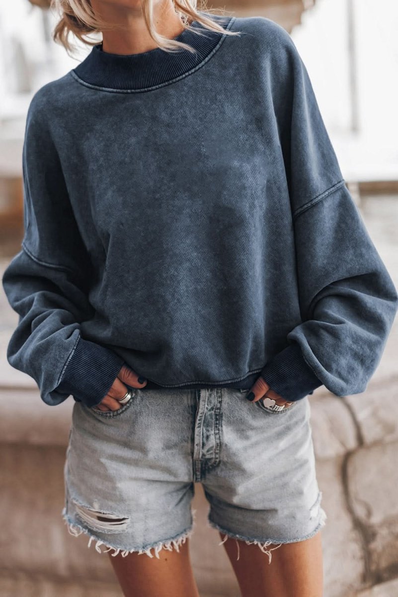 Sky Blue Drop Shoulder Crew Neck Pullover Sweatshirt - Love Salve
